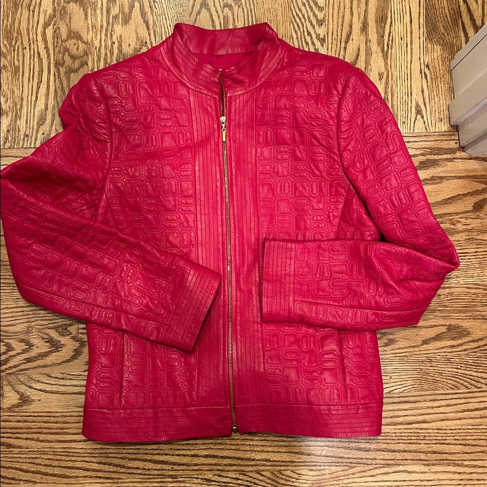 St. John Hot Pink Embossed Soft Leather Zip Jacket